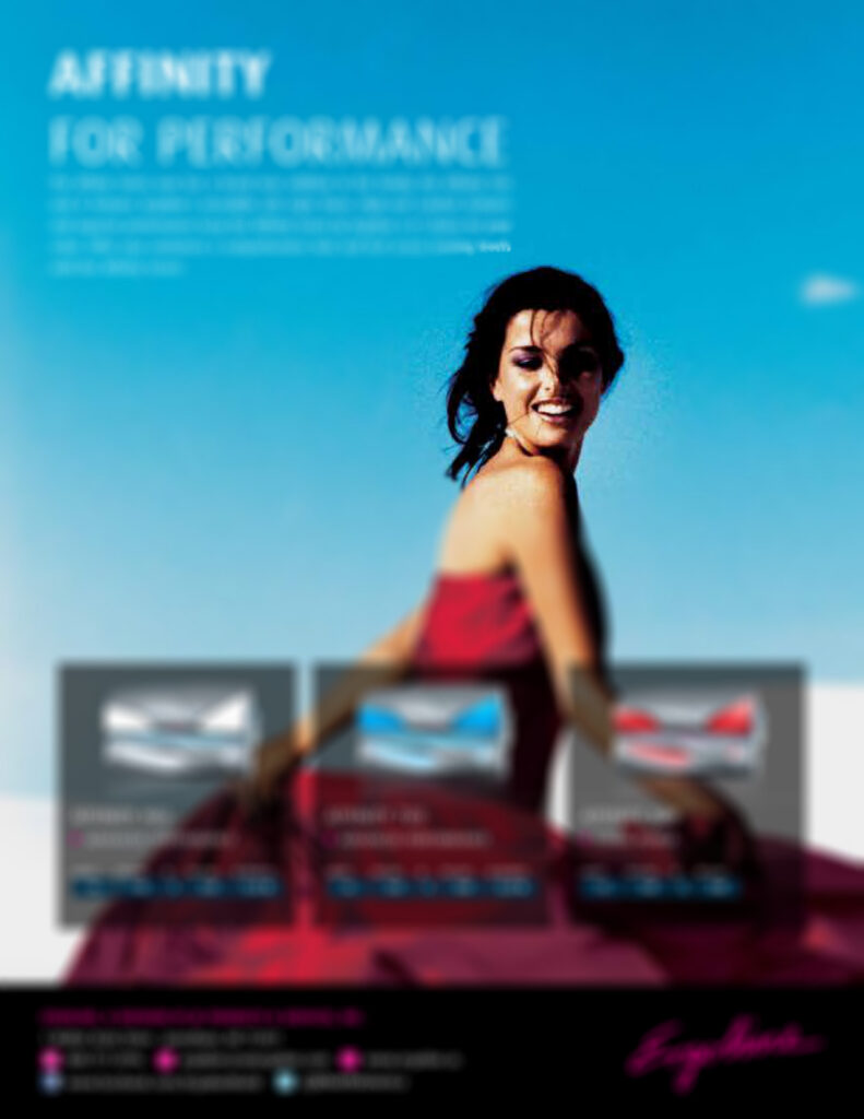 Woman sitting beside a swimming pool in an Ergoline tanning equipment promotion