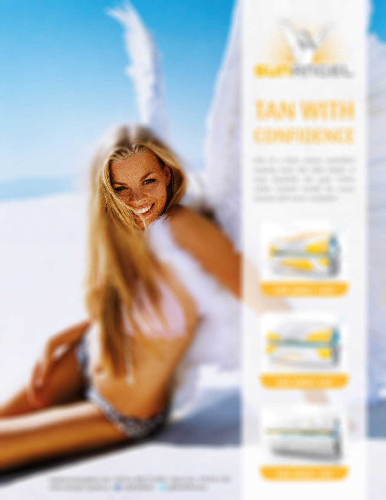 Sun Angel tanning equipment promotional graphic featuring a smiling blonde woman
