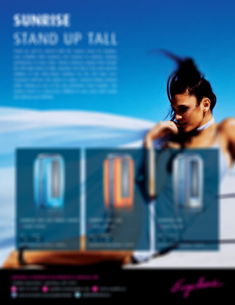 Woman relaxing beside a swimming pool in a Sunrise Series by Ergoline promotional graphic