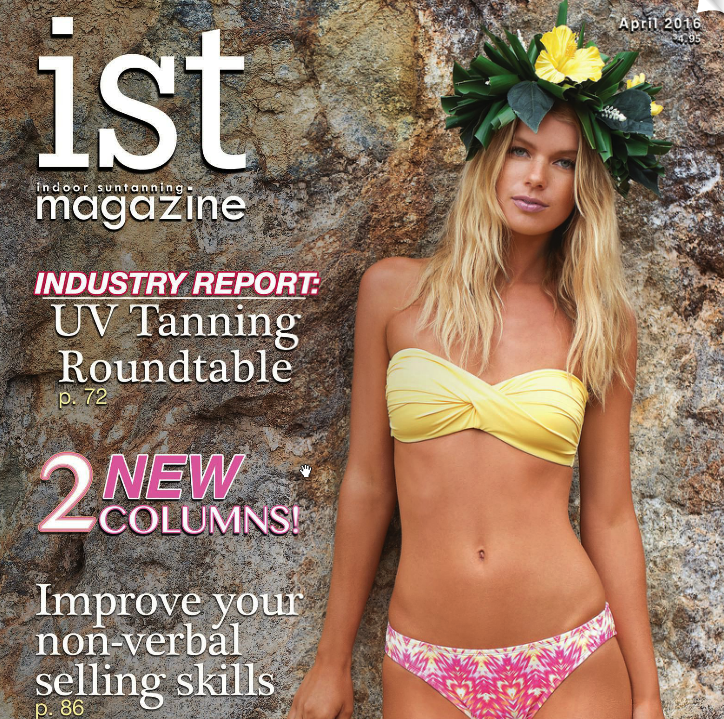 Blonde woman featured on the cover of IST Magazine's UV tanning industry report