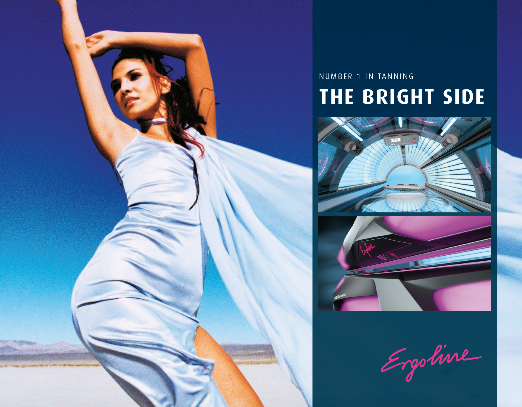 Woman stretching with her arms raised beside an Ergoline tanning equipment promotion