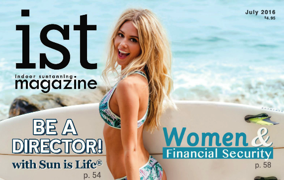 Blonde woman smiling at the beach on the cover of a tanning industry magazine