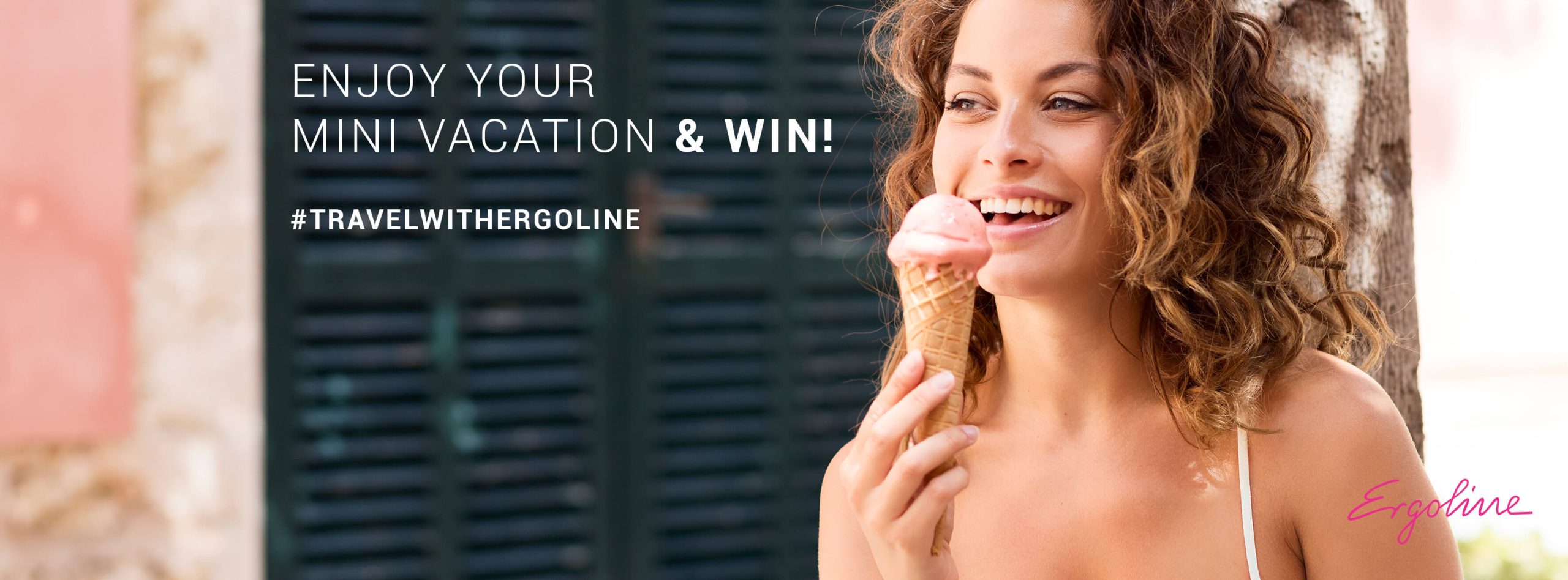 Woman smiling while enjoying an ice cream cone in an Ergoline promotional graphic