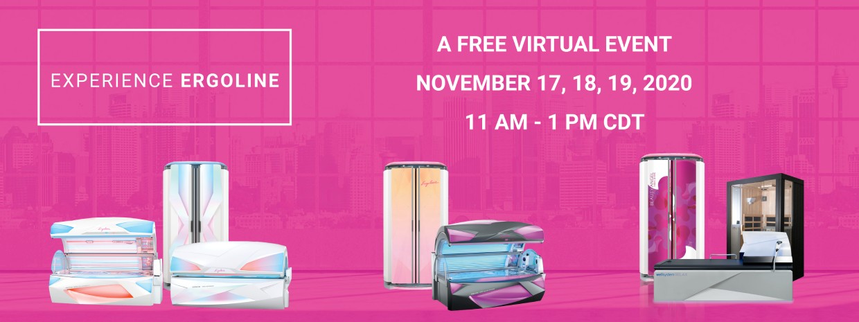 Promotional graphic for the Experience Ergoline virtual event featuring tanning equipment