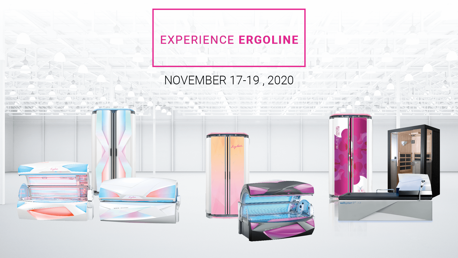 Experience Ergoline virtual event promotional graphic featuring tanning equipment