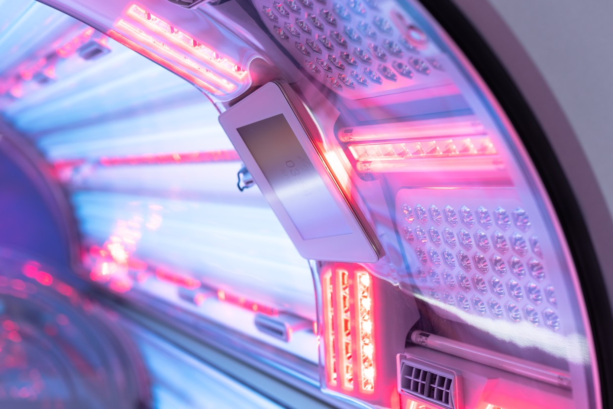 interior view of Ergoline tanning bed with LED lighting panels