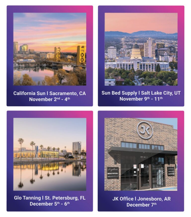 city skyline travel destinations promotional graphic used in tanning salon marketing