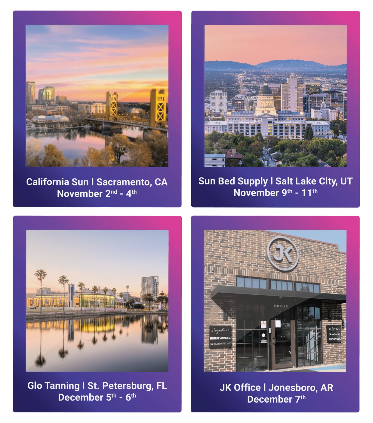 city skyline travel destinations promotional graphic used in tanning salon marketing