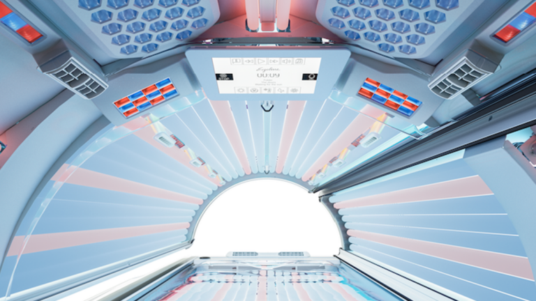 interior view of Ergoline tanning bed showing advanced lamp system