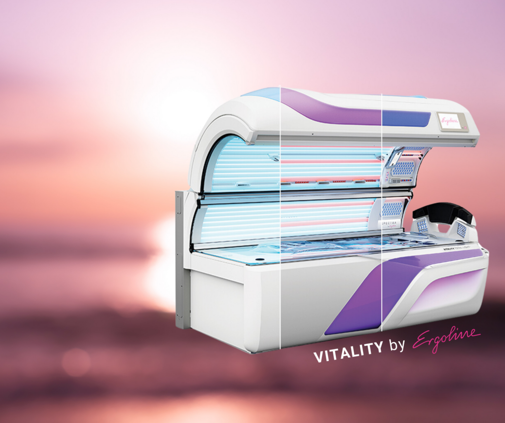 Ergoline's Vitality Line consisting of the TLT, HLT, and PLT on a pink beachy background.
