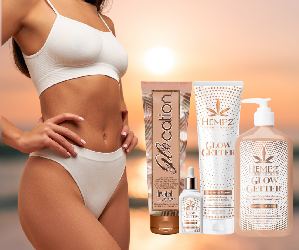 Beachy Model with Tan skin alongside Devoted Creations Tanning Lotion, Glocation, and Hemps Glow Getter product line.