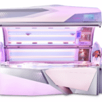 Prestige Fusion Edge tanning bed with illuminated interior and open canopy