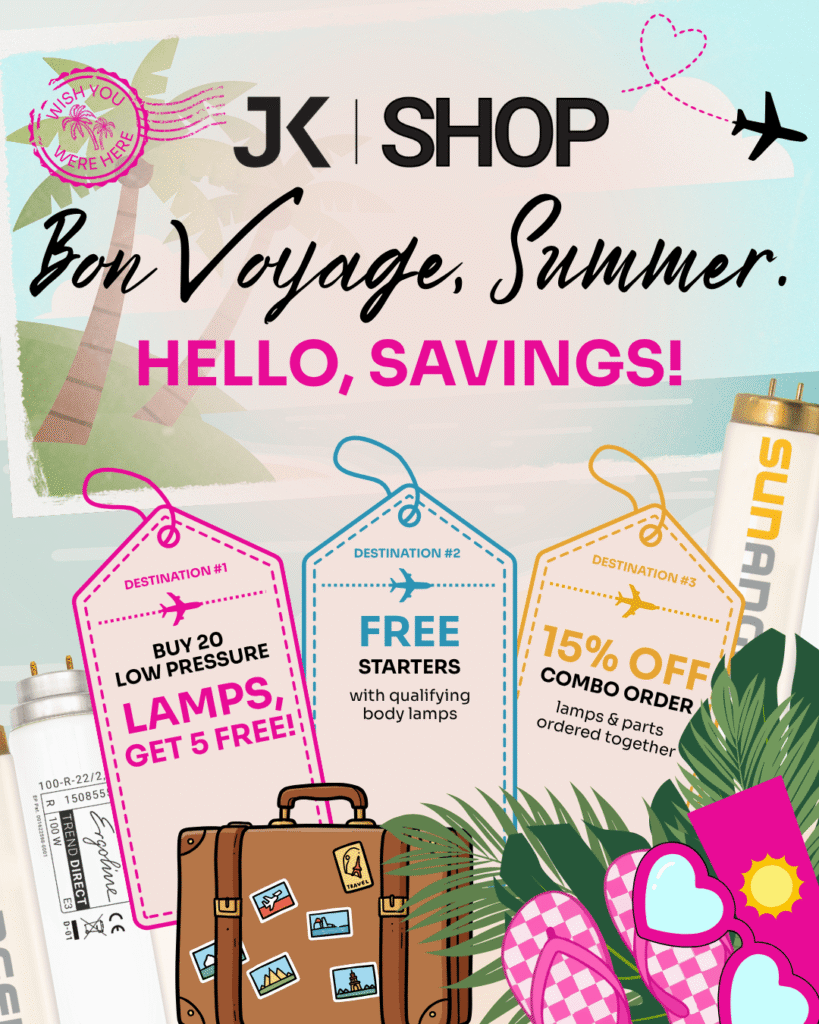 JK Shop summer promotions graphic featuring seasonal savings on tanning products and accessories